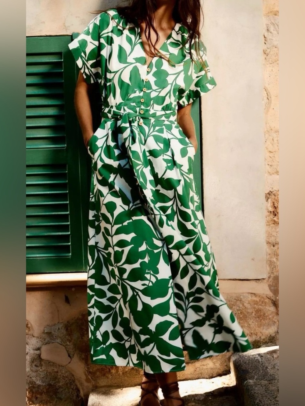 ZARA Leaf Print Green Button Up Belted Cotton XS Boho Cottagecore Modest Dress